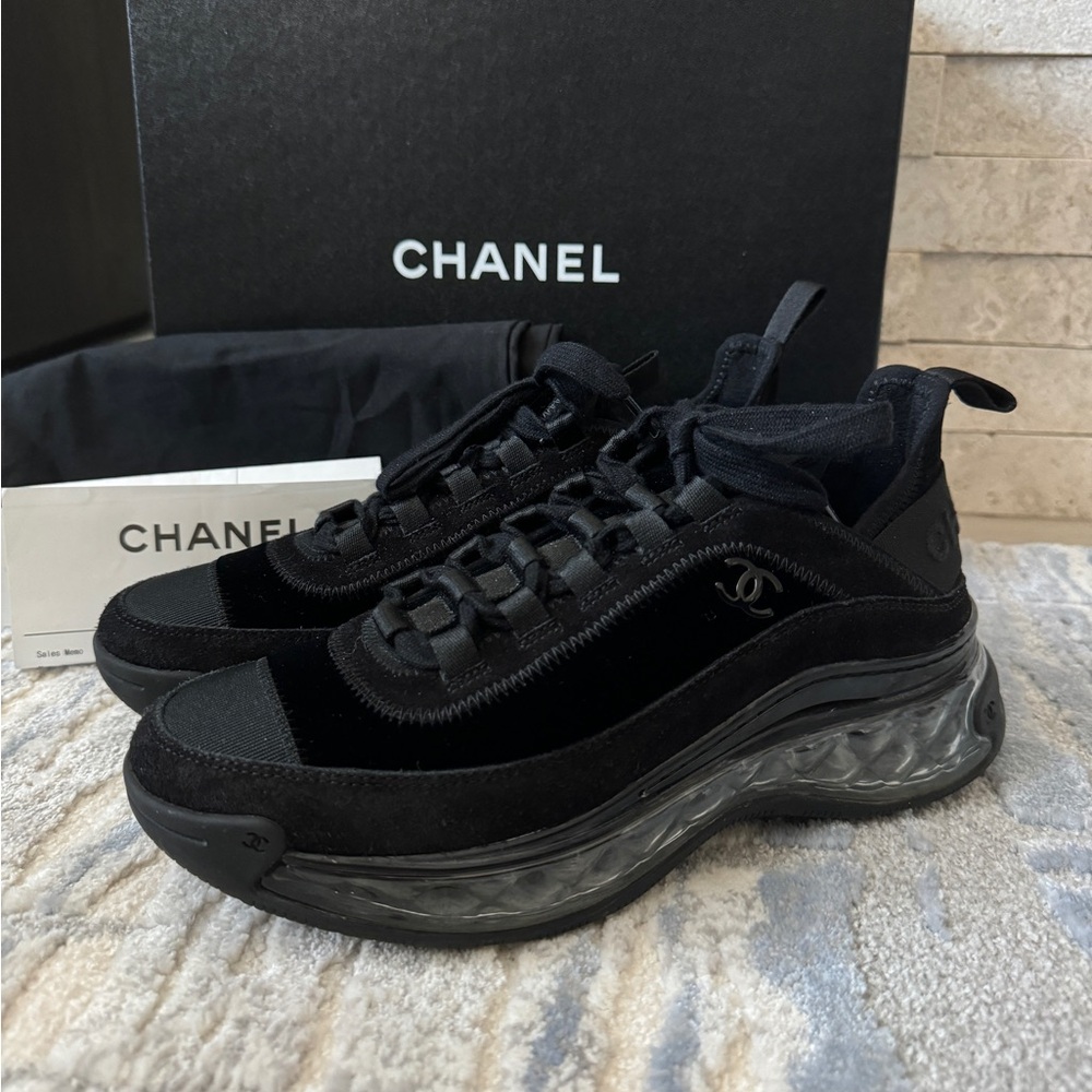 Chanel Black Suede and Velvet CC Sneakers with Clear Heel Size 36.5